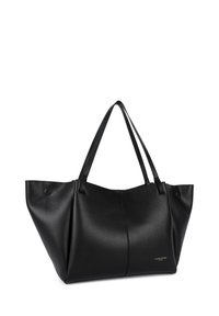 Grand sac fourre-tout noir en cuir texturé, doté de deux poignées et d'un logo doré discret. Forme épurée et structurée avec un minimum de détails.