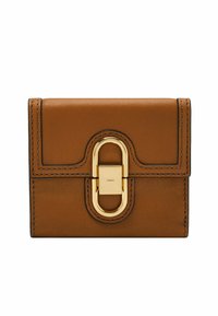 Portefeuille en cuir marron avec un fermoir ovale en métal doré, doté de coutures contrastées et d'une texture lisse. Forme rectangulaire compacte.