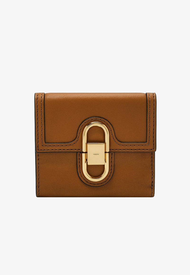 Portefeuille en cuir marron avec un fermoir ovale en métal doré, doté de coutures contrastées et d'une texture lisse. Forme rectangulaire compacte.