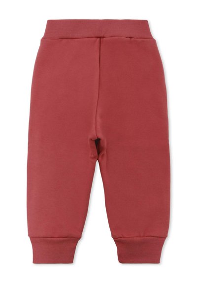 Rode sweatpants van zacht materiaal, met een geribde tailleband en boorden, een gladde textuur en taps toelopende benen.