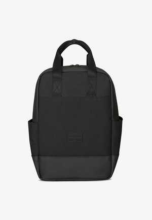 Black backpack features a smooth fabric exterior with two top handles, a zip closure, and side pockets. The base has a textured finish.