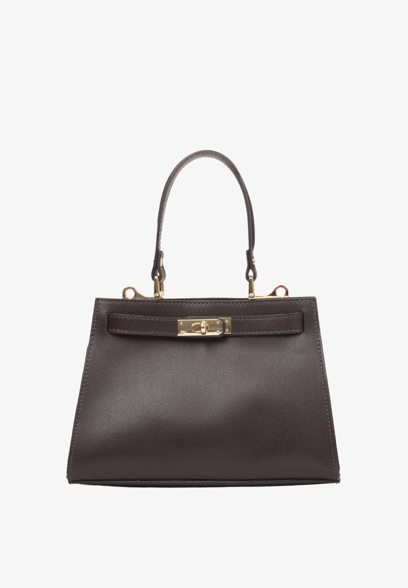 Bruine leren handtas van pebbled leer met een gestructureerde vorm, bovenhandvat en goudkleurige hardware. Bevat een klap aan de voorkant en een minimalistisch ontwerp.