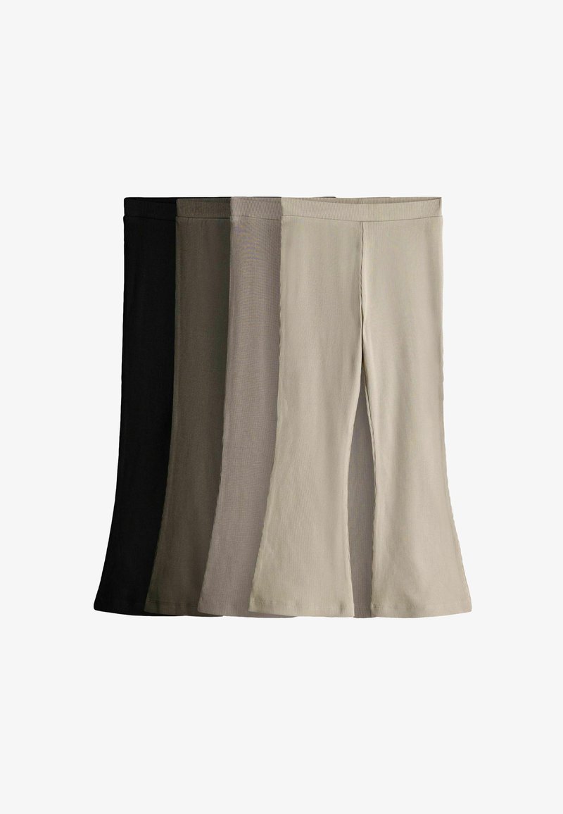 Neli paari ribadega, laienevaid pükse mustas, tumerohelises, taupe'iga ja beežis, järjestatuna kõrvuti valgel taustal.