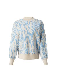 Gestrickter Pullover in Creme mit einem blauen abstrakten Muster. Mit rundem Ausschnitt, Ballonärmeln und gerippten Bündchen und Saum.