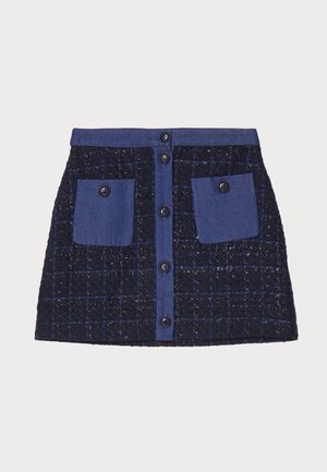 Fustă mini din tweed, cu un model în grilă, de culoare albastru închis, două buzunare frontale și închidere cu nasturi. Material texturat cu accente din denim.
