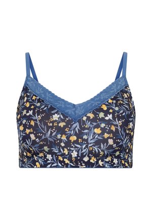 Marineblaue Bralette mit Blumenmuster, gelben, weißen und hellblauen Blumen und blauer Spitzenverzierung entlang des V-Ausschnitts und dünnen Trägern.