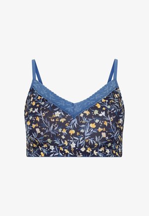 Marineblaue Bralette mit Blumenmuster, gelben, weißen und hellblauen Blumen und blauer Spitzenverzierung entlang des V-Ausschnitts und dünnen Trägern.