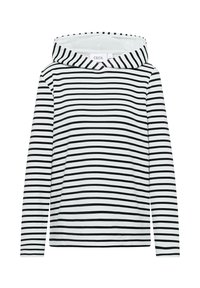 Sudadera con mangas largas hecha de algodón, con rayas horizontales blancas y negras, capucha con cordón y escote redondeado.