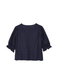 Blusa blu navy con maniche a sbuffo a metà lunghezza, dettagli su cuciture decorative e polsini arricciati, mostrata da dietro su uno sfondo bianco.