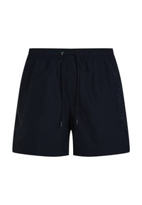 Shorts de bain bleu marine en tissu léger ; avec une taille élastique dotée d'un cordon de serrage et un logo brodé sur le côté.