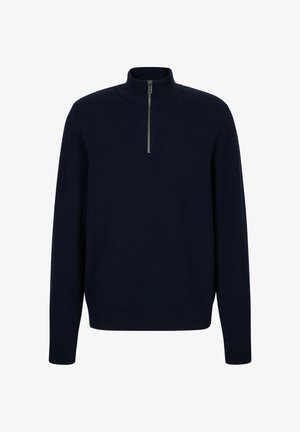 Granatowy pulower z wysokim kołnierzem i krótkim zamkiem. Wykonany z miękkiej tkaniny z prążkowanymi mankietami i ściągaczem. Prosty i klasyczny design.