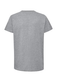 Tricou gri din material moale, cu mâneci scurte, guler rotund și o textură fină, având un design simplu. Fără embellishments.