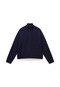 Maglione a collo alto blu realizzato in morbido materiale lavorato a maglia. Presenta maniche lunghe e un colletto a costine. Design semplice con un piccolo etichetta del marchio sull'orlo.