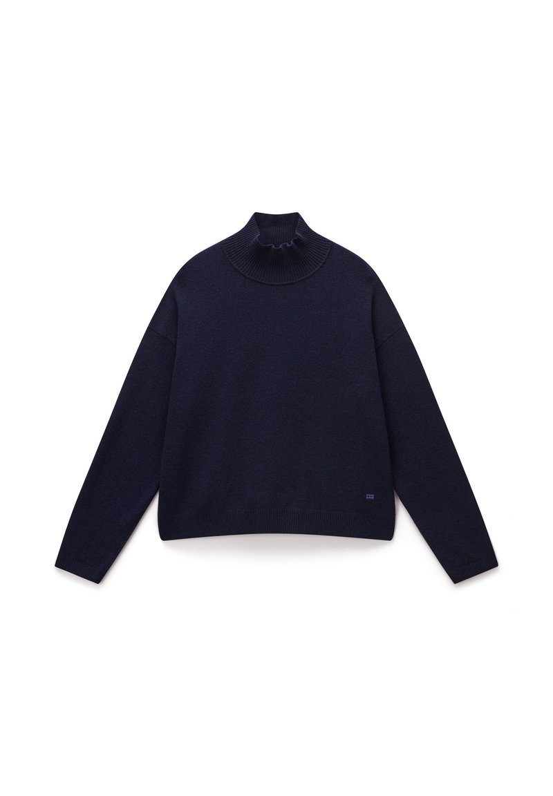 Maglione a collo alto blu realizzato in morbido materiale lavorato a maglia. Presenta maniche lunghe e un colletto a costine. Design semplice con un piccolo etichetta del marchio sull'orlo.