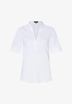 Witte katoen blouse met een V-hals, korte mouwen met omgerolde boorden en een relaxte pasvorm. Vlotte textuur en minimale details.