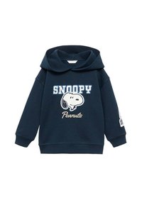 Námořnická modrá mikina s kapucí, s bílou a modrou grafikou Snoopy. Obsahuje žebrované manžety a lem, vyrobena z měkkého bavlněného materiálu.