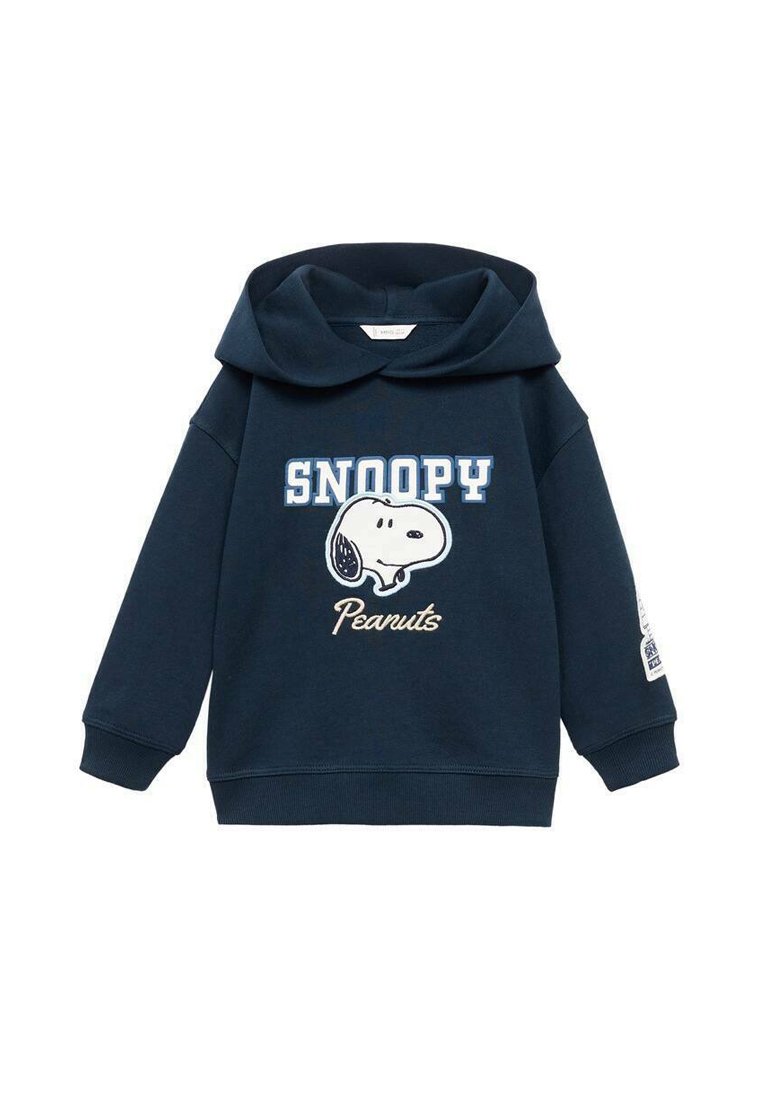 Námořnická modrá mikina s kapucí, s bílou a modrou grafikou Snoopy. Obsahuje žebrované manžety a lem, vyrobena z měkkého bavlněného materiálu.