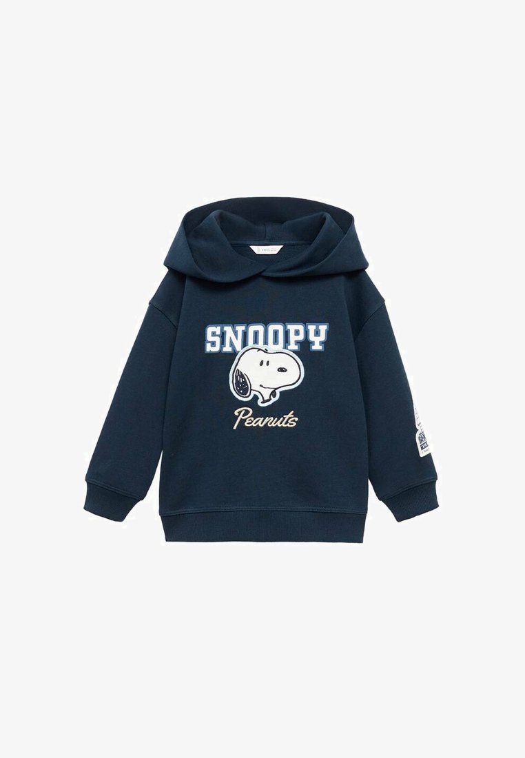 Námořnická modrá mikina s kapucí, s bílou a modrou grafikou Snoopy. Obsahuje žebrované manžety a lem, vyrobena z měkkého bavlněného materiálu.