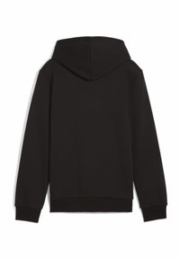 Sudadera con capucha negra, de manga larga, con puños y dobladillo acanalados. Textura suave sin patrones visibles ni detalles de hardware.