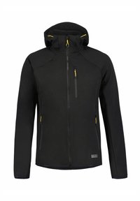 Czarna kurtka softshell z zamkiem z przodu, regulowanym kapturem, trzema kieszeniami zapinanymi na zamek i żółtymi akcentami. Posiada gładką fakturę.