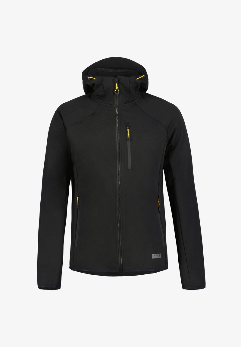 Schwarze Softshelljacke mit durchgehendem Reißverschluss, verstellbarer Kapuze, drei Reißverschlusstaschen und gelben Akzenten. Verfügt über eine glatte Textur.