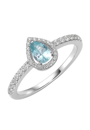 Silberner Ring mit tropfenförmigem hellblauem Edelstein, umgeben von kleinen klaren Diamanten, mit zusätzlichen Diamanten entlang des Rings.