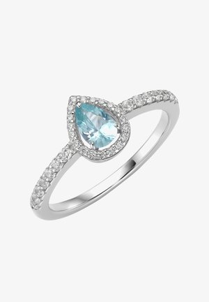 Silberner Ring mit tropfenförmigem hellblauem Edelstein, umgeben von kleinen klaren Diamanten, mit zusätzlichen Diamanten entlang des Rings.