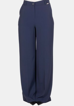 Pantaloni ampi blu navy con bottone frontale, passanti per cintura, tasche laterali e vestibilità dritta e rilassata.