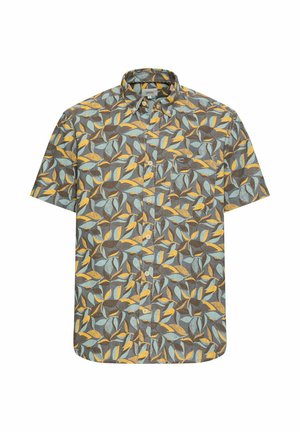 Chemise à manches courtes à boutons avec un motif de feuilles multicolores en nuances de jaune, bleu et marron sur un fond gris.