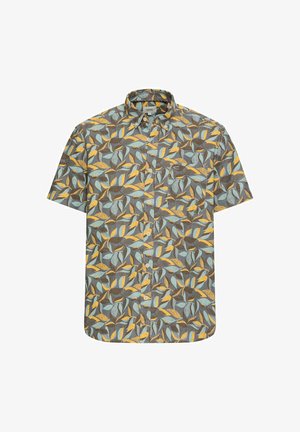 Chemise à manches courtes à boutons avec un motif de feuilles multicolores en nuances de jaune, bleu et marron sur un fond gris.