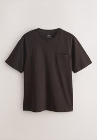 T-shirt noir en coton à manches courtes avec col rond et petite poche poitrine, présenté sur un fond clair.
