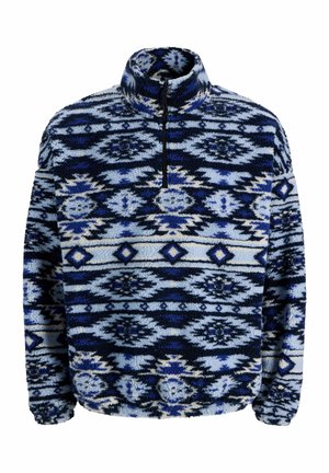 Fleece pullover met hoge kraag, met een blauw en zwart geometrisch patroon en een halve rits. Zacht, textuurstof.