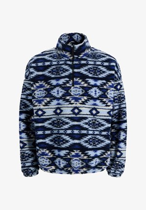 Sudadera de forro polar con cuello alto, con un patrón geométrico azul y negro y cierre de media cremallera. Tejido suave y texturizado.
