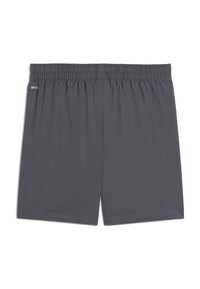 Γκρι αθλητικό σορτς με ελαστική ζώνη μέσης, κατασκευασμένο από ελαφρύ ύφασμα, με λεία υφή και χωρίς ορατά σχέδια ή τσέπες.