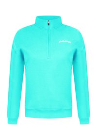 Pull à manches longues turquoise vif avec col montant, demi-fermeture éclair sur le devant, poignets et ourlet côtelés, et petit texte blanc sur la poitrine.