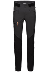 Zwarte outdoorbroek met contrasterende textuurpanelen, twee met rits afgesloten zakken en een oranje ritsdetail. Gemaakt van duurzame, rekbare stof.