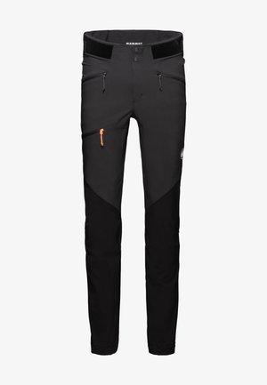 Mustad mustad väljas pantsid kontrastsete tekstuuripaneelidega, kahe lukuga tasku ja oranži luku detailiga. Valmistatud vastupidavast, venivast kangast.
