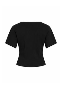 Fekete, testhezálló rövid ujjú felső széles nyakkivágással és enyhén bővülő aljjal, hátulról ábrázolva, tiszta fehér háttéren.