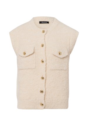 Cream-colored sleeveless vest with a textured finish, featuring gold buttons, two front pockets, and a rounded neckline.