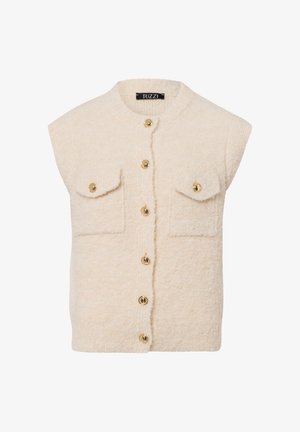 Cream-colored sleeveless vest with a textured finish, featuring gold buttons, two front pockets, and a rounded neckline.