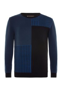 Strickpullover mit rundem Hals. Verfügt über marineblaue, dunkelblaue und schwarze Abschnitte. Strukturierte und gemusterte Einsätze sorgen für visuelles Interesse.