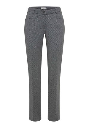 Pantaloni grigi con motivo a righe, dal taglio dritto, con chiusura a bottone e tasche. Realizzati in tessuto intrecciato con superficie texturizzata.