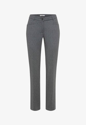 Pantalons gris à motifs avec une coupe droite, dotés d'une fermeture à bouton et de poches. Fabriqués en tissu tissé avec une surface texturée.