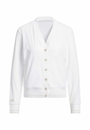 Witte cardigan met lange mouwen en een V-hals, knopen aan de voorkant, geribbelde manchetten en een merkaccent op de mouw. Soepele stoftextuur.