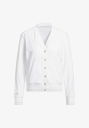 Witte cardigan met lange mouwen en een V-hals, knopen aan de voorkant, geribbelde manchetten en een merkaccent op de mouw. Soepele stoftextuur.