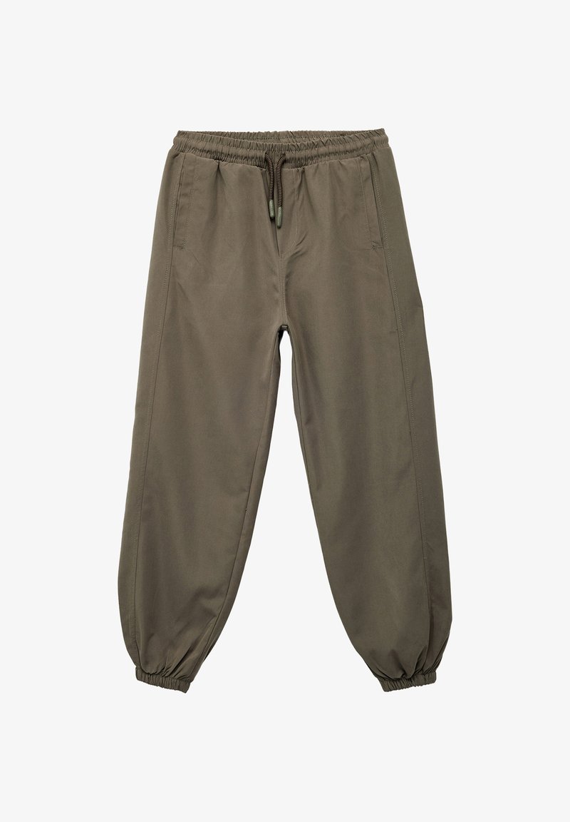 Olijfgroene cargobroek met een elastische tailleband en een trekkoord, zijzakken en elastische cuffs bij de enkels. Glad textuur.