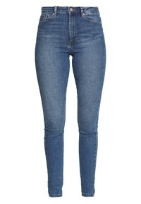Jeans ajustados de talle alto en un denim azul medio, con una textura suave, cinco bolsillos y un ajuste ceñido a lo largo de las piernas.