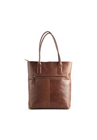 Sac tote en cuir brun avec deux poignées, poche zippée à l'avant, texture lisse et détails de couture verticale pour la structure.
