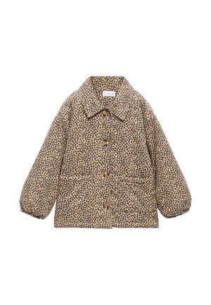 Quilted jacket in light brown with a black leopard print pattern, featuring a collar, button closure, and two front pockets.