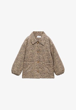 Quilted jakke i lys brun med et sort leopardmønster, der har krave, knaplukning og to frontlommer.